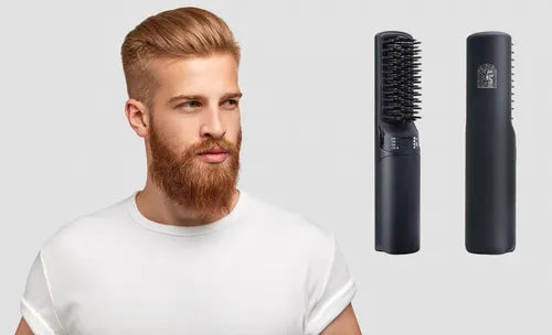 man looking at beard straightener