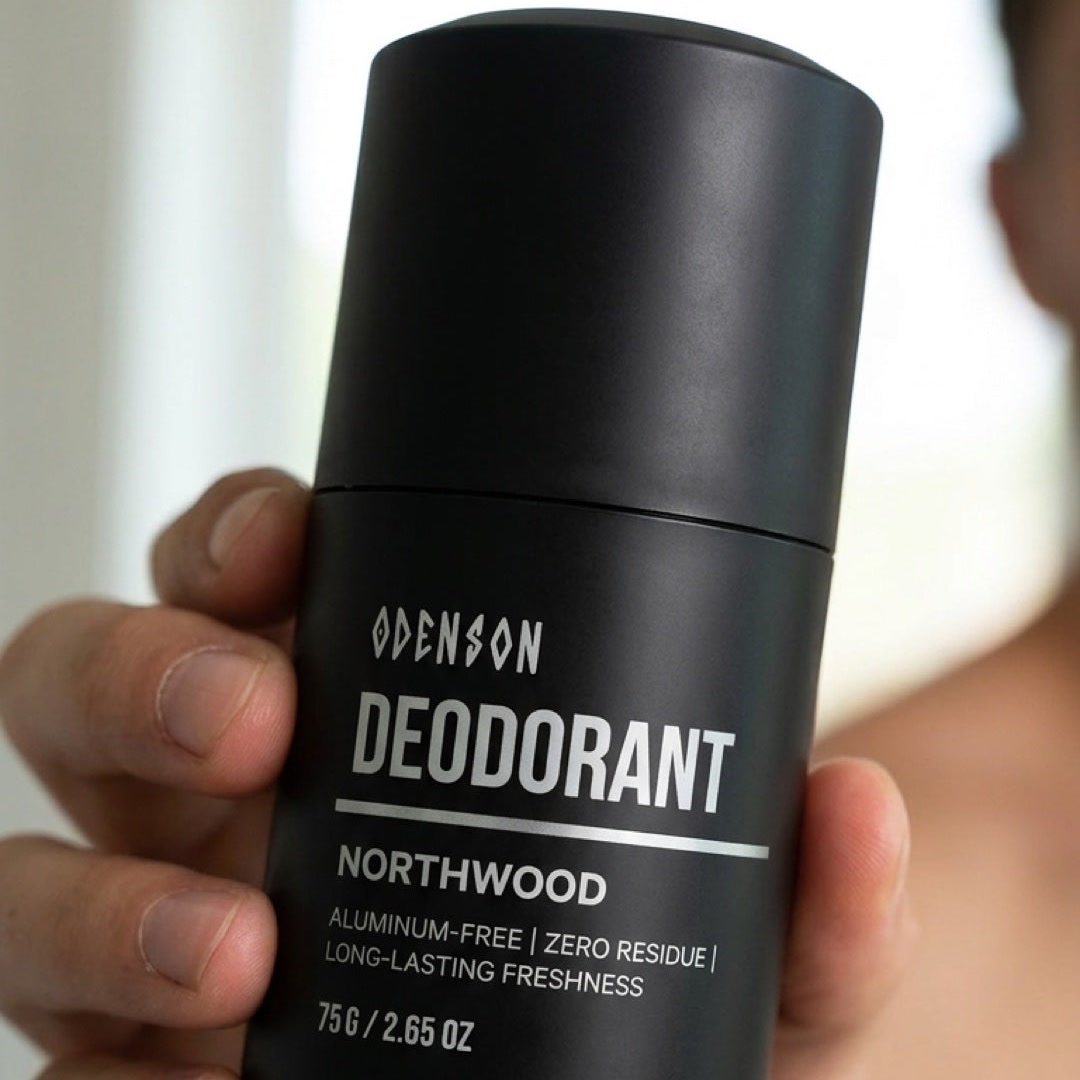 Hand holding the matte black Odenson Northwood aluminum-free deodorant stick, 75 g, label facing the camera
