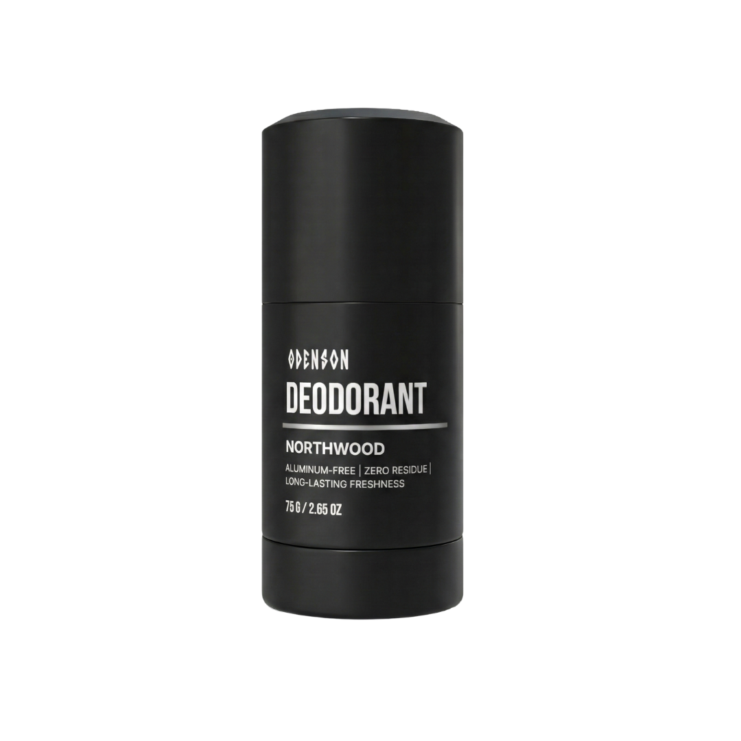 Odenson Deodorant in Northwood, a 75 g (2.65 oz) black aluminum-free deodorant stick, front view on a white background