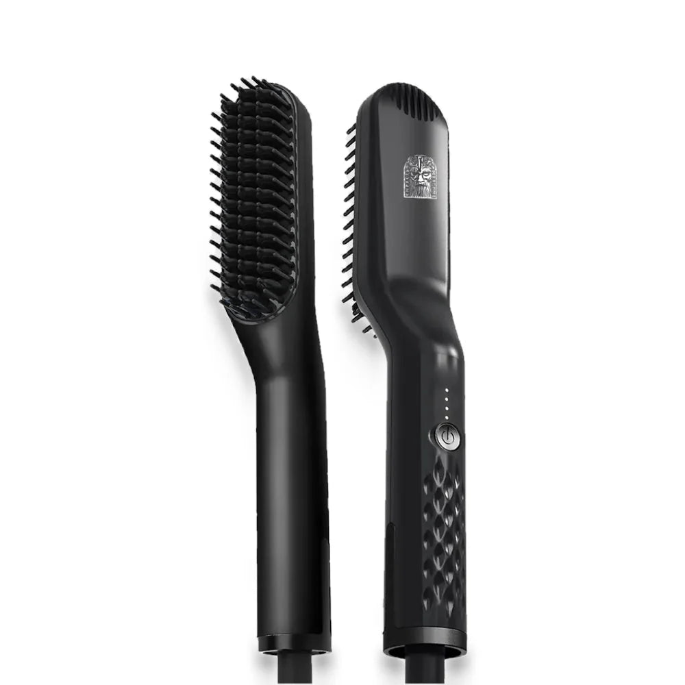 Odenson Beard Straightener, black heated beard brush shown from the front and the side, on a white background