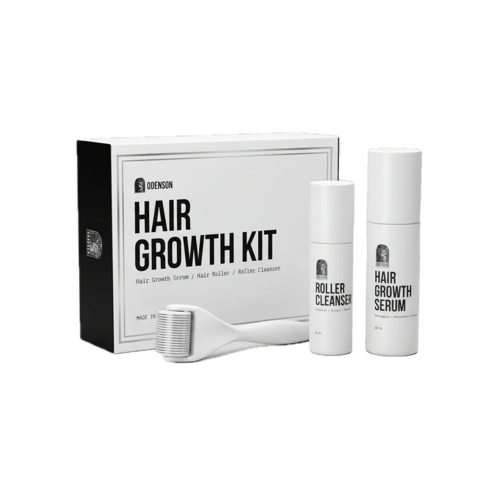 Odenson Hair Growth Kit: gift box, roller and two white bottles on a white background