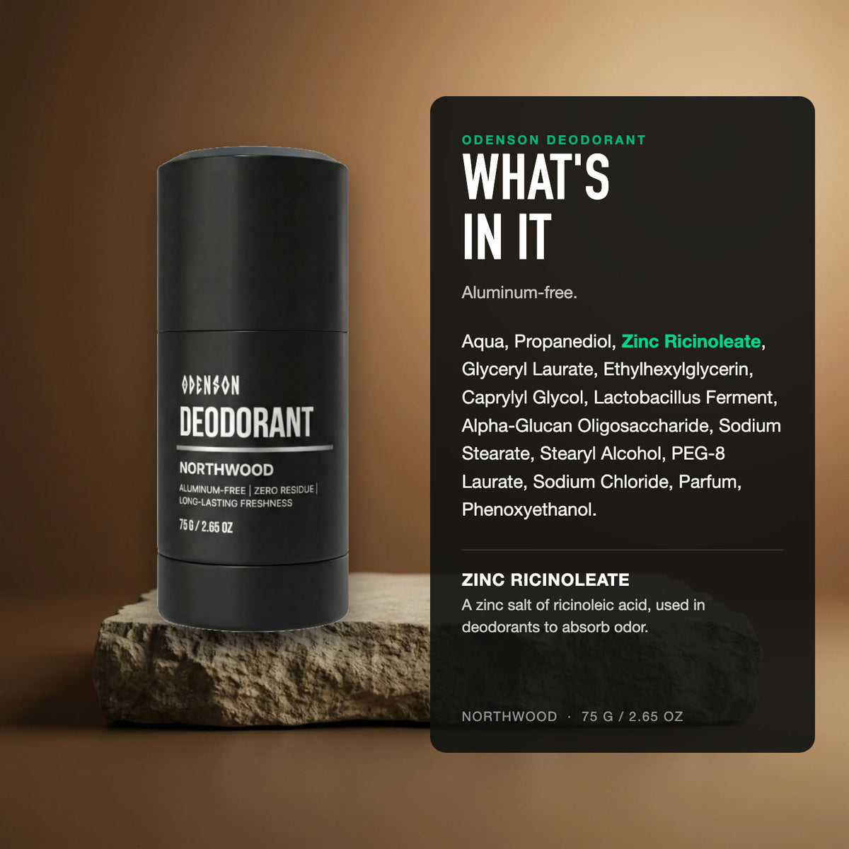 Odenson Northwood deodorant stick on a stone plinth with its ingredient list, aluminum-free