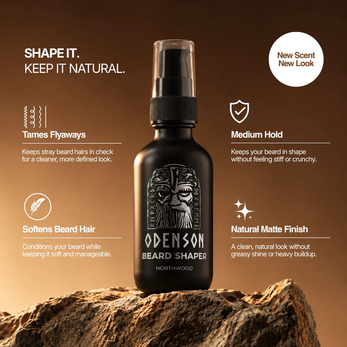 Odenson Beard Shaper benefits: tames flyaways, medium hold, softens beard hair, natural matte finish
