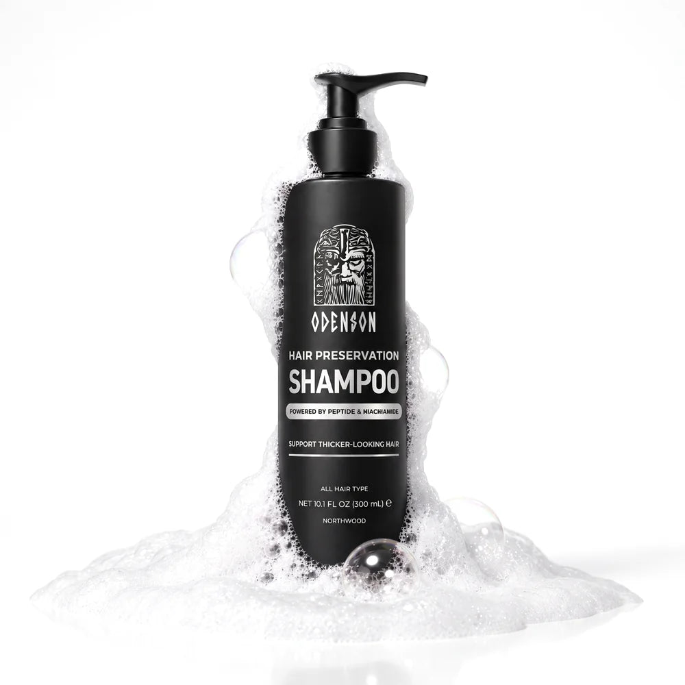 Odenson Hair Preservation Shampoo, black 300 ml pump bottle in soft foam, on a white background