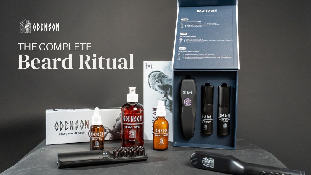 Odenson beard grooming products on bathroom counter