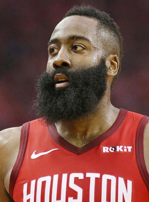 A full, rounded beard inspired by James Harden, showcasing thick and even growth
